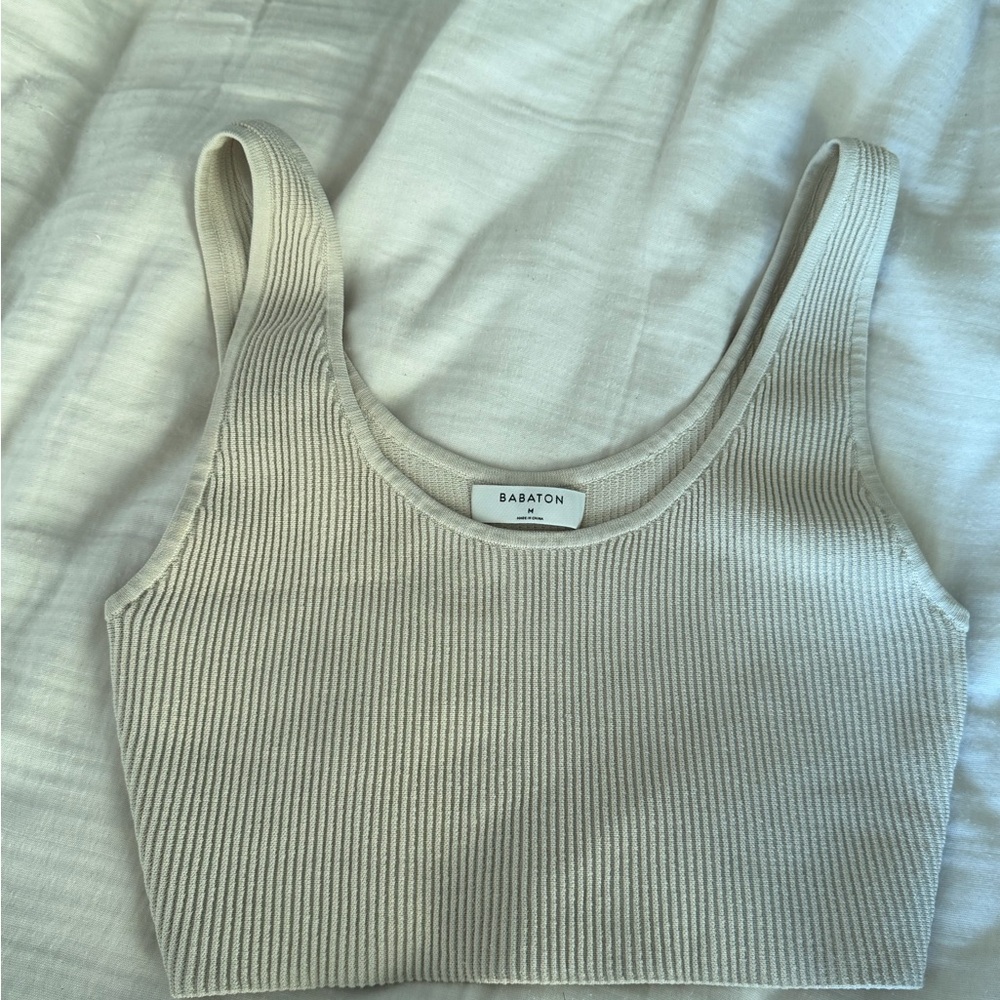 Babaton Neutral Ribbed Crop Tank Top in Beige
